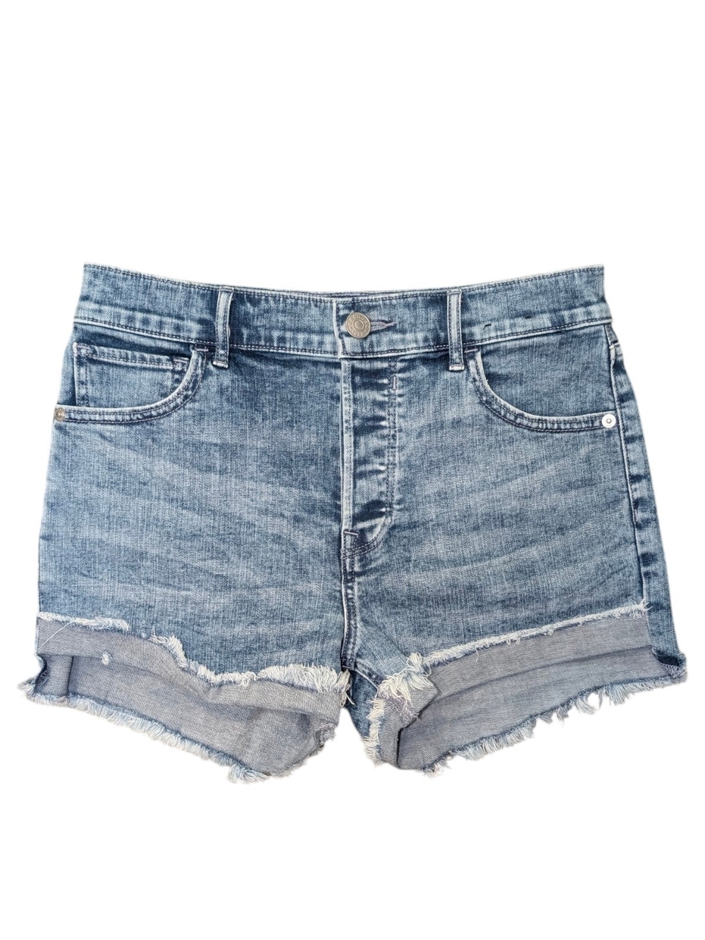 Express Women's 2 High Rise Midi Light Acid Wash Denim Frayed Cuffed Jean Shorts